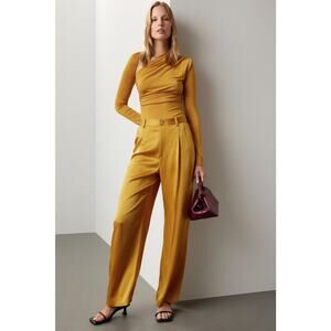 LAPOINTE Mustard Yellow Satin Pleated Front Zipper Relaxed Pants Size 8